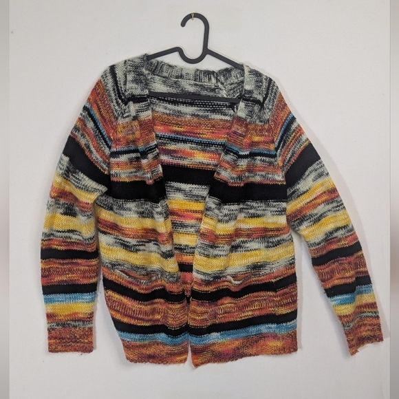 Sweaters - Multicolor with black stripes open cardigan sweater - size m